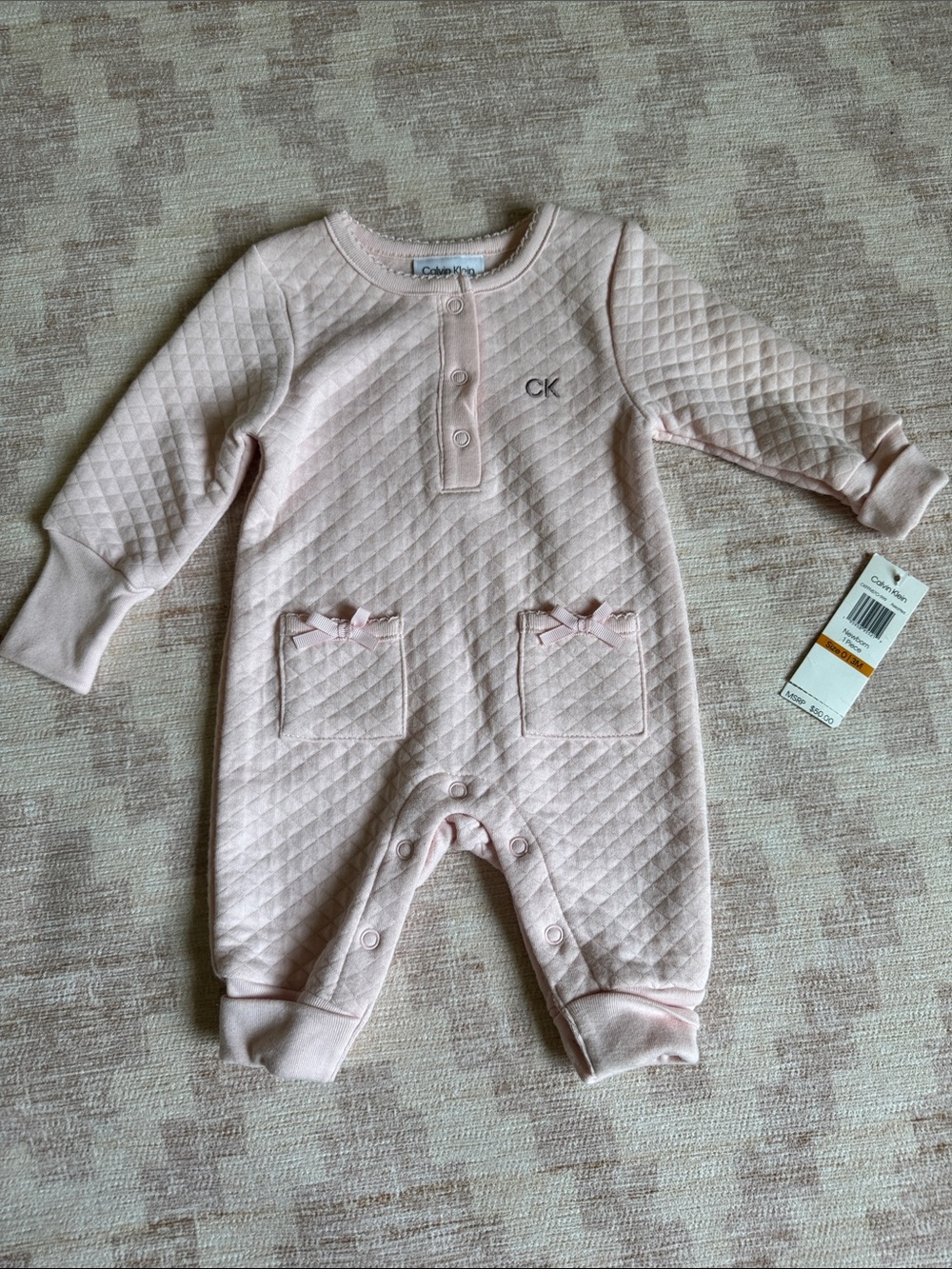 Calvin Klein Pink Quilted Baby One Piece Jumpsuit with Pockets size 0-3M NWT